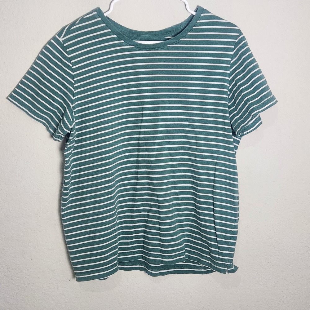 FeelGoodStore Womens XL Green White Striped T Shirt Cotton Coastal Casual Tee